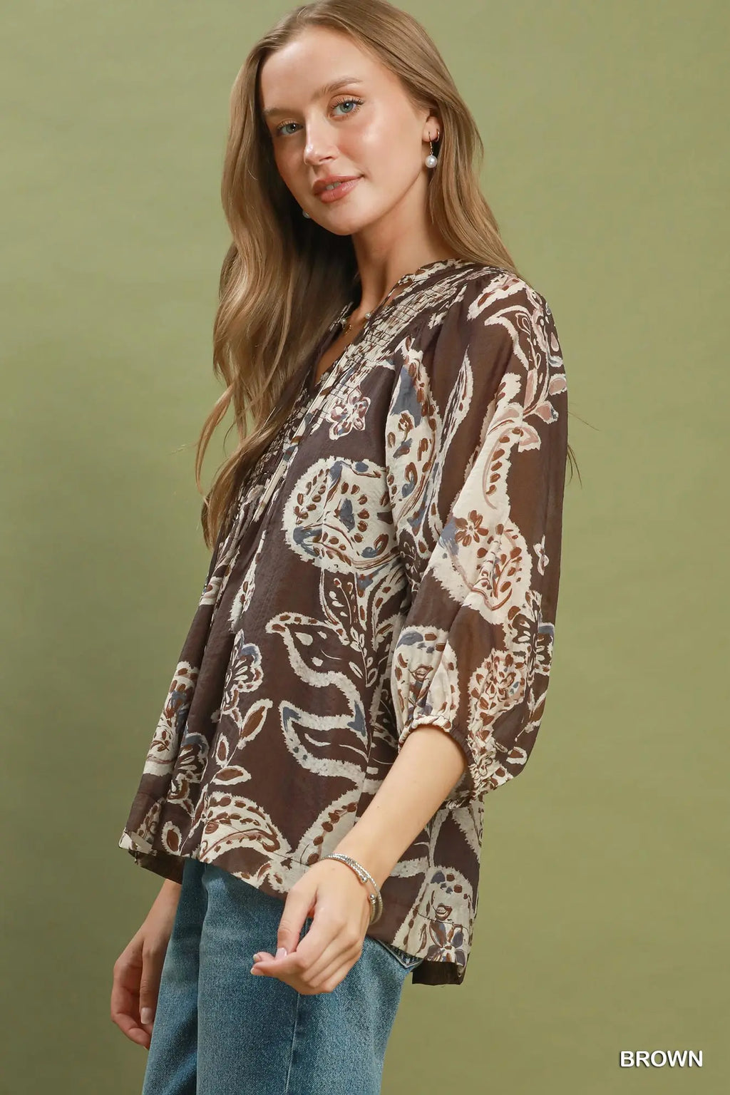 Brown Paisley Print Smocked Neck Flowy Boho Top