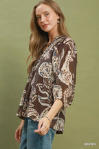 Brown Paisley Print Smocked Neck Flowy Boho Top