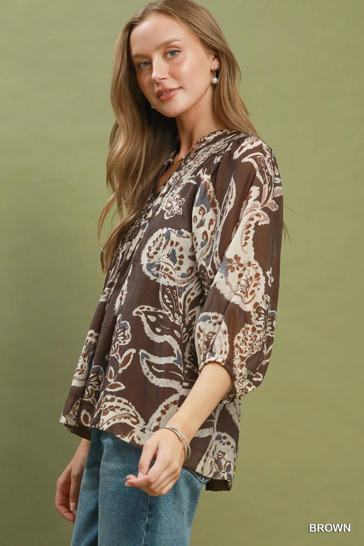 Brown Paisley Print Smocked Neck Flowy Boho Top