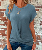 Steel Blue Waffle Knit SS Crossover Top