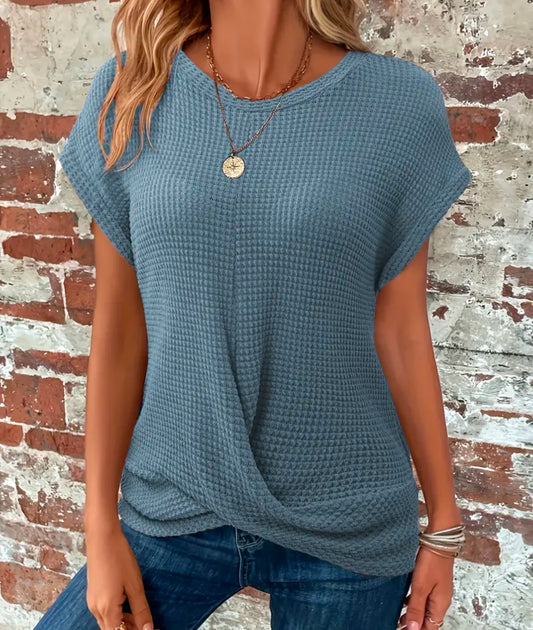 Steel Blue Waffle Knit SS Crossover Top