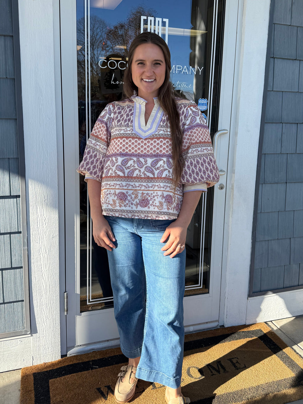 Sand Multi Bubble Sleeve V-neck Top