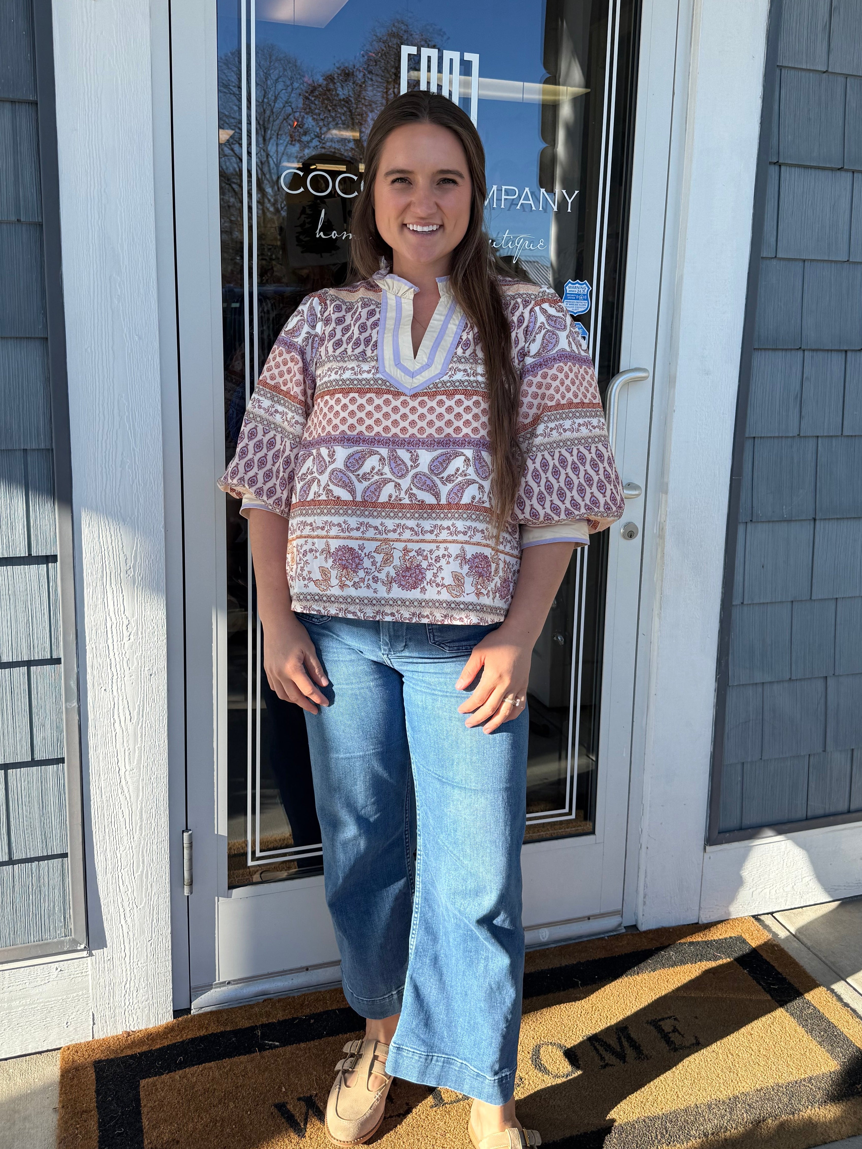 Sand Multi Bubble Sleeve V-neck Top