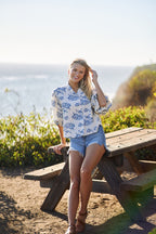 Blue Button Down 3/4 Balloon Sleeve Top