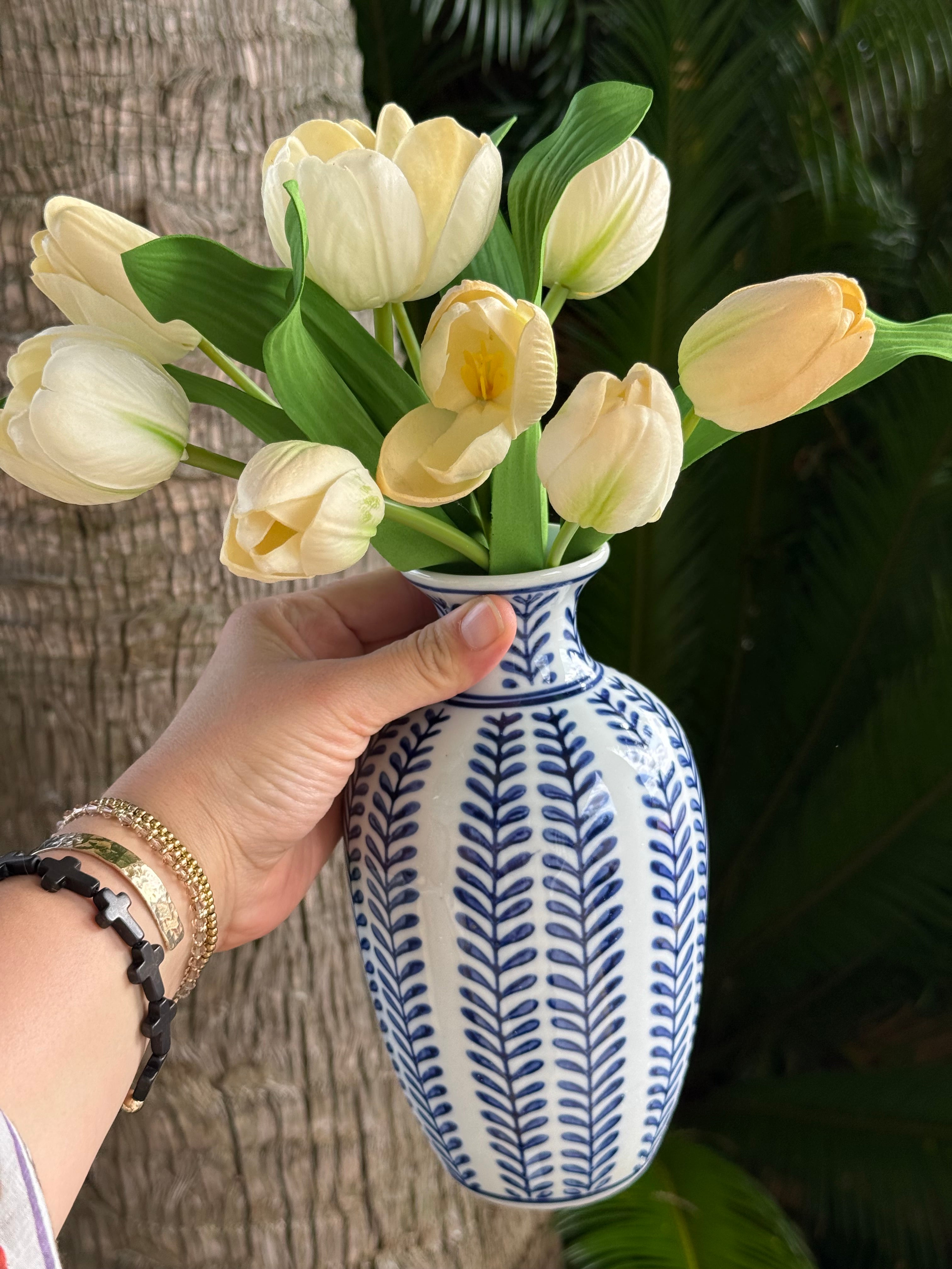 Large White Hand Painted Leaf Vase