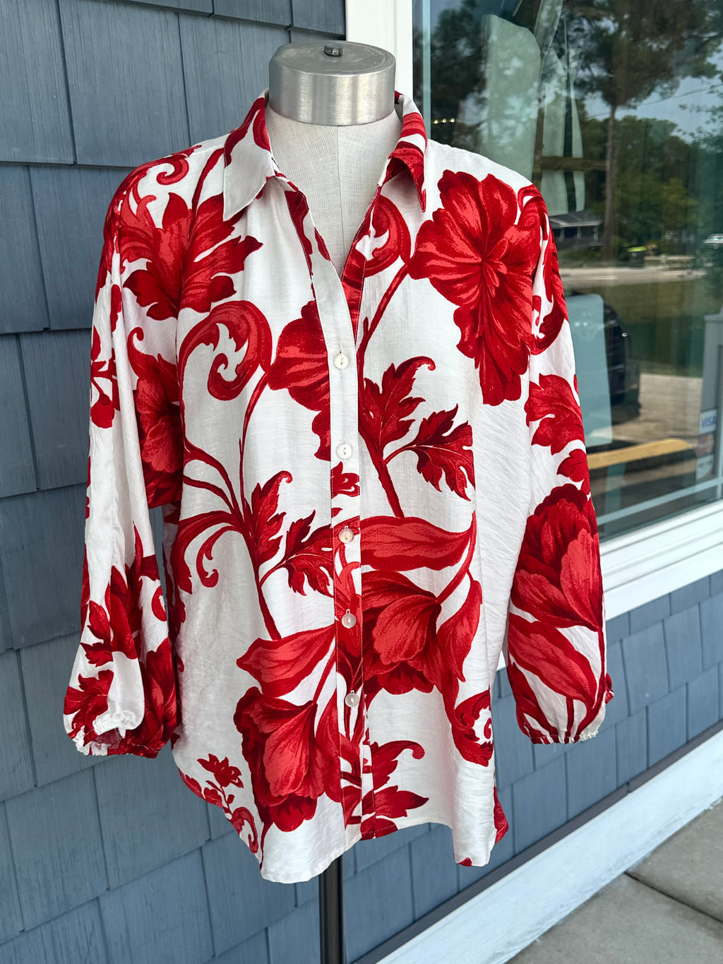 Red Floral Button Down Sleeve Top