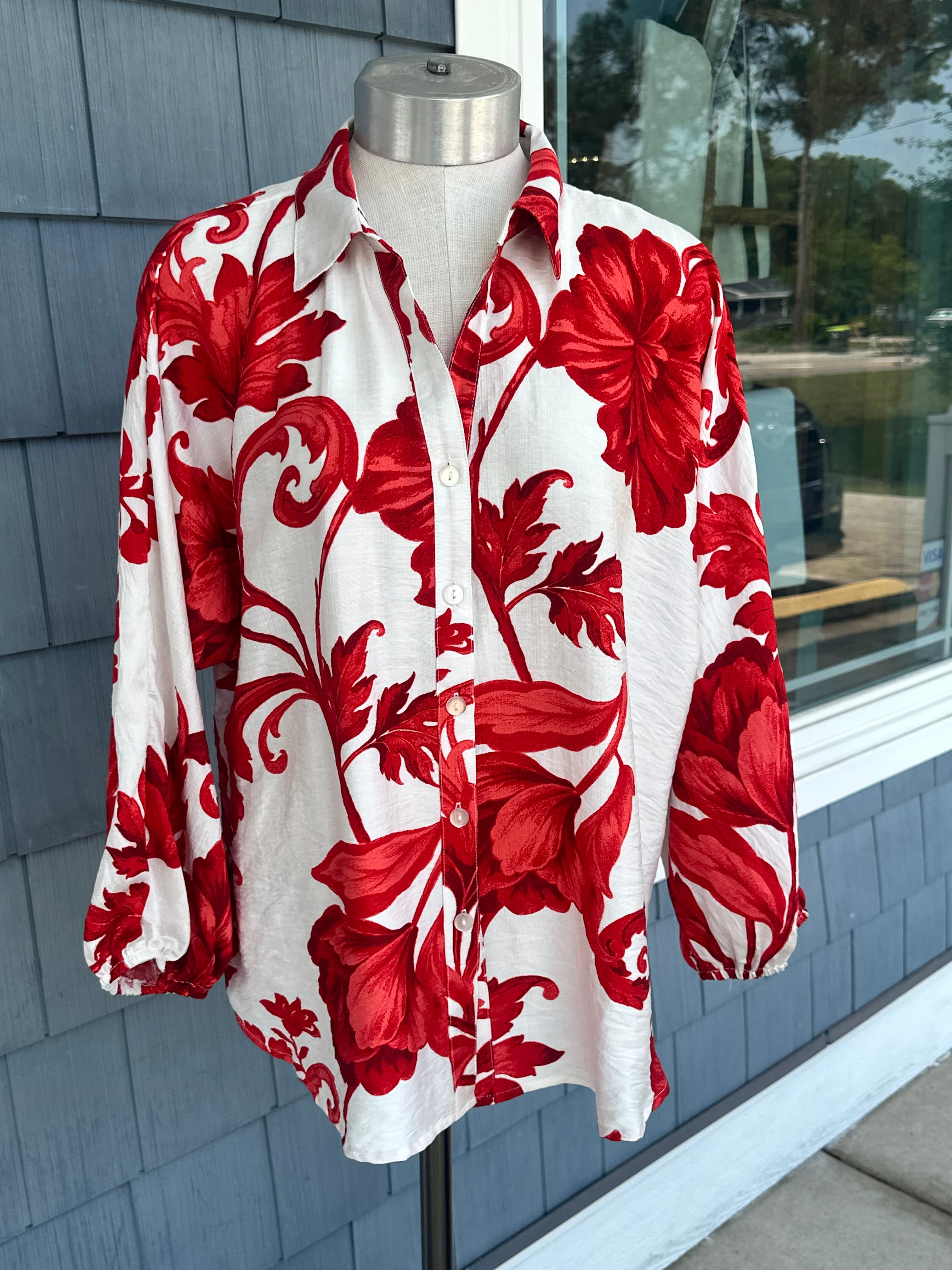 Red Floral Button Down Sleeve Top