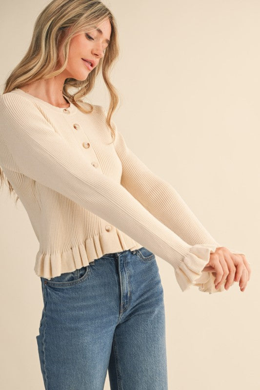 Cream Ruffle Hen Ribbed Knit Sweater Cardigan