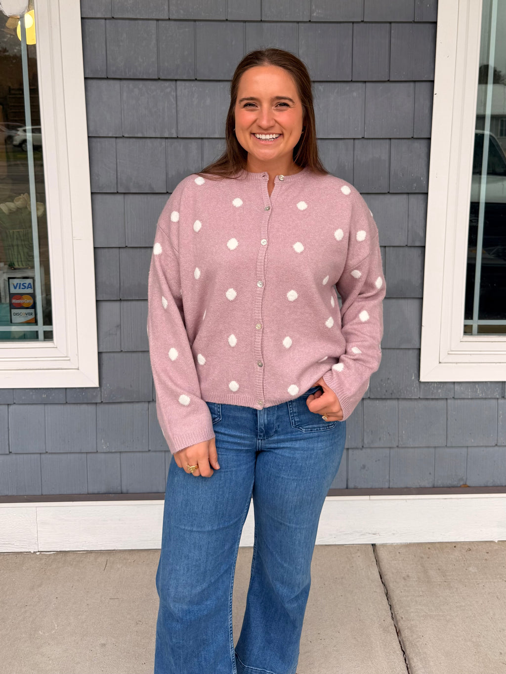 Pink Polka Dot Button Up Sweater