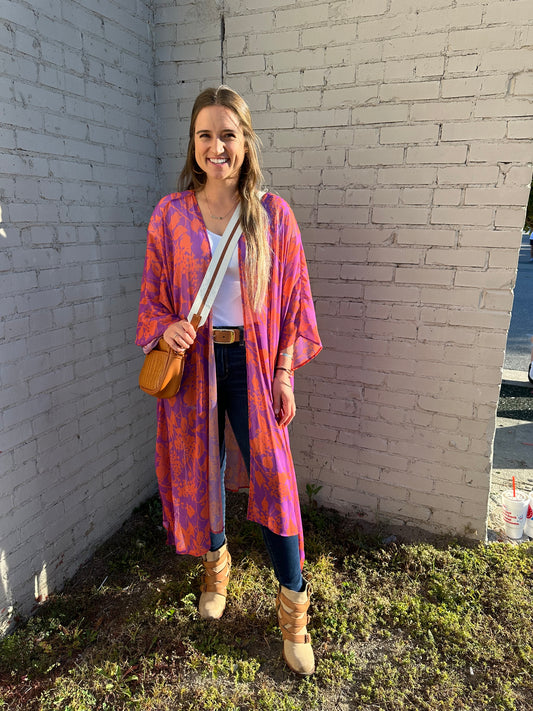 Printed Half Sleeve Kimono Purple & Orange