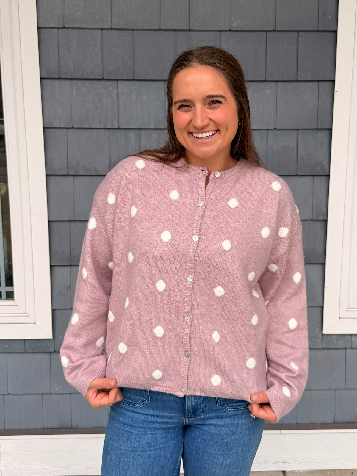 Pink Polka Dot Button Up Sweater