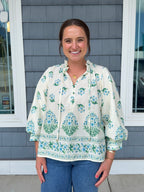 Botanical Blue Balloon Sleeve Top