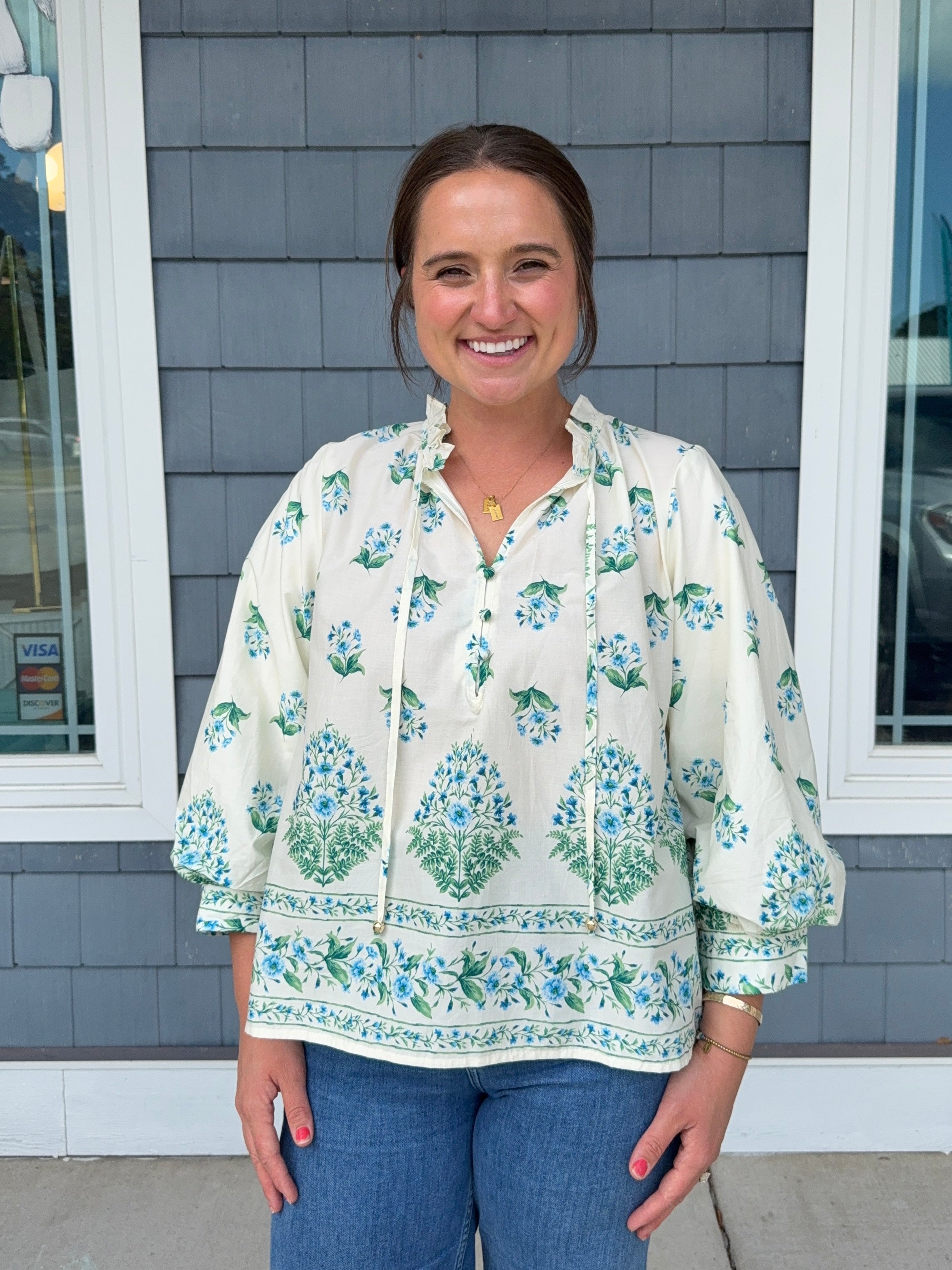 Botanical Blue Balloon Sleeve Top