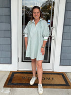 Green & White Mock Neck Banded Puff Sleeve Mini Dress