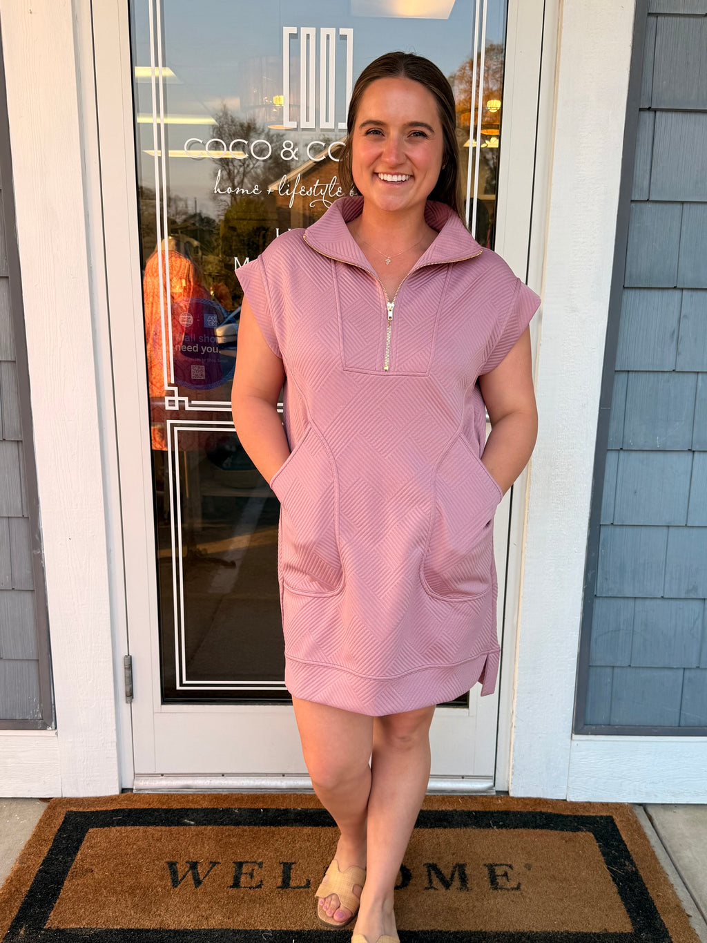 Textured Knit Quarter Zip Dress Light Rose