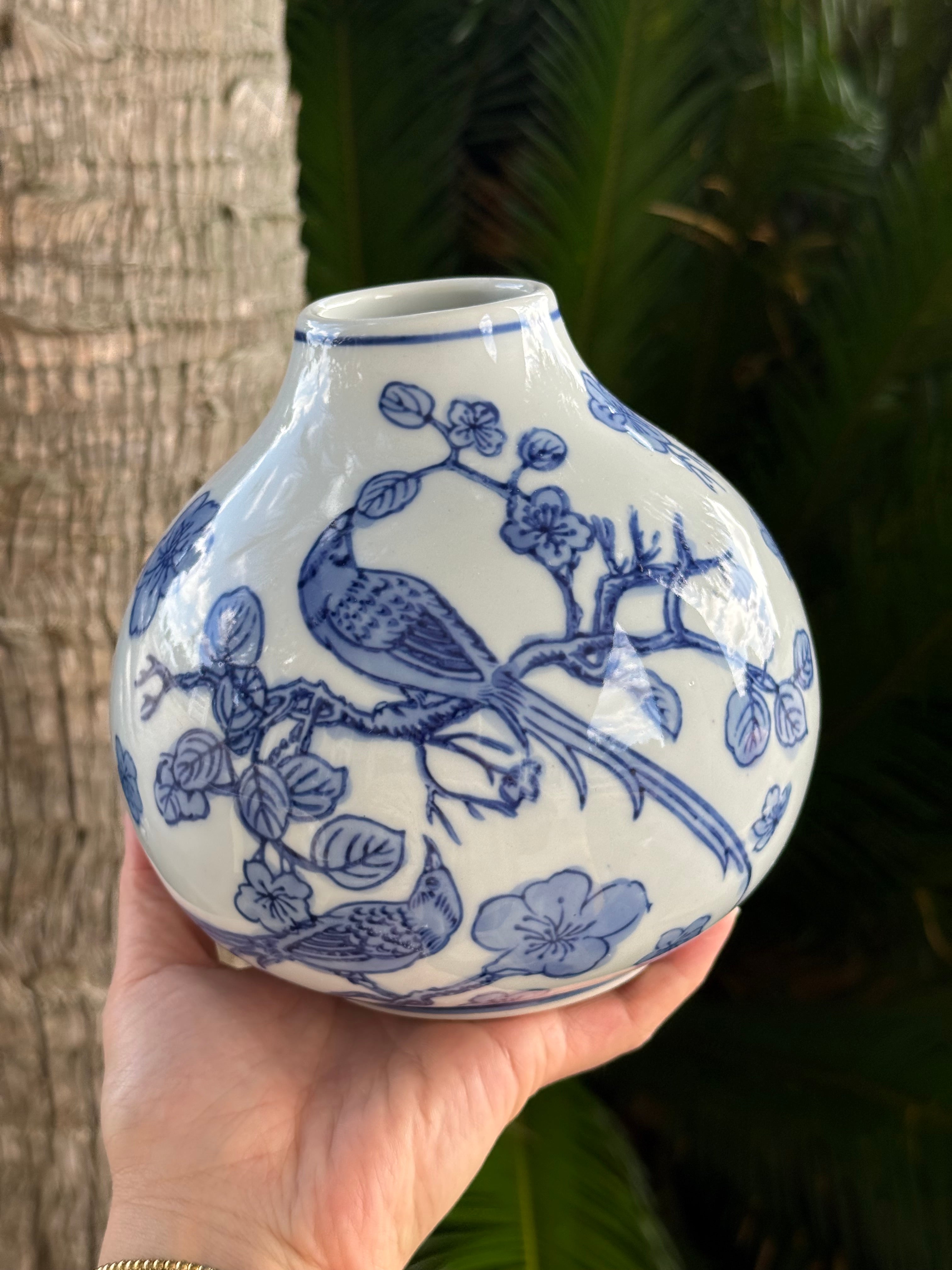 Large Round Blue & White hand Painted Vase With birds