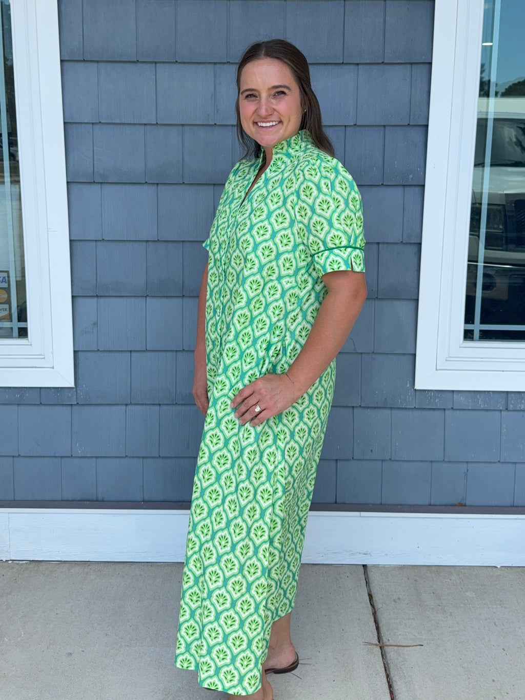 Green Printed Button Down Midi Dress