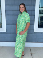 Green Printed Button Down Midi Dress