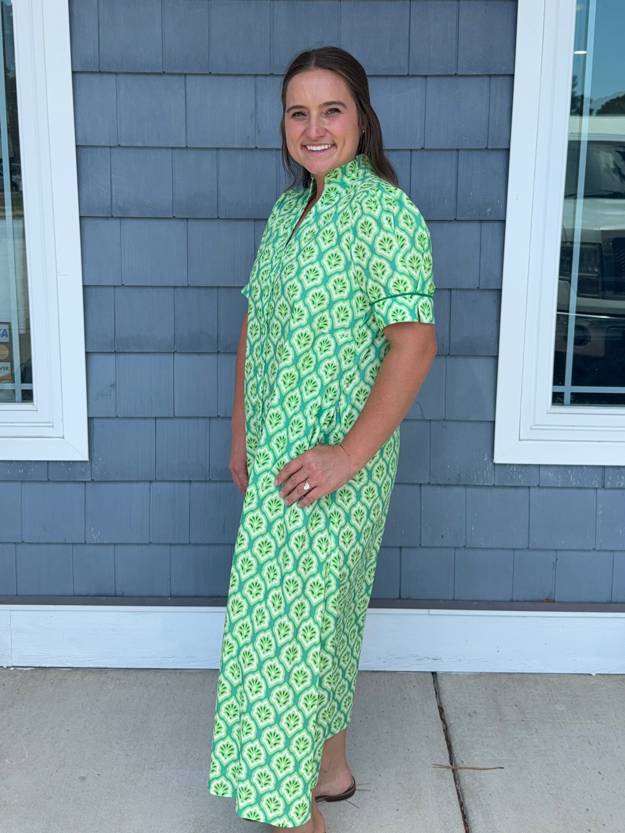 Green Printed Button Down Midi Dress