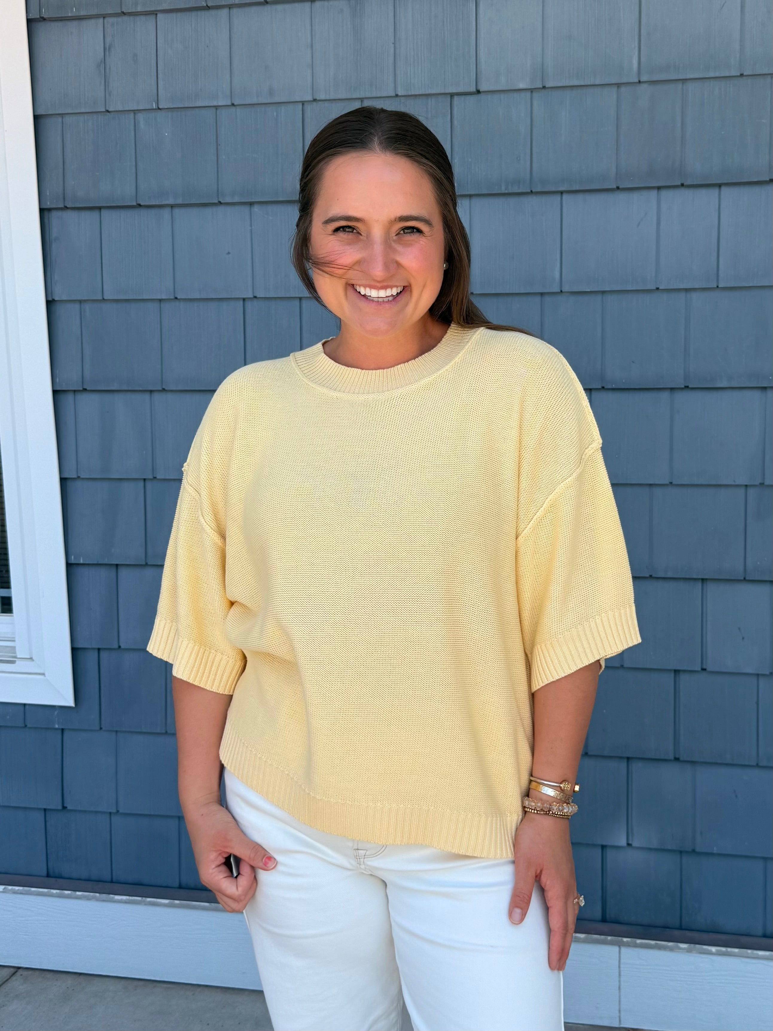 Yellow Oversize Cut Sweater Top with Raw Edge