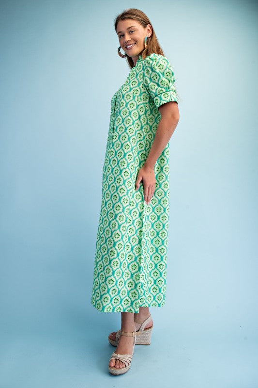 Green Printed Button Down Midi Dress