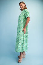 Green Printed Button Down Midi Dress