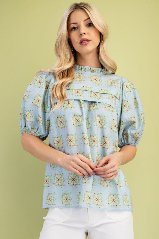 Blue Ruffle Neck Blouse Top