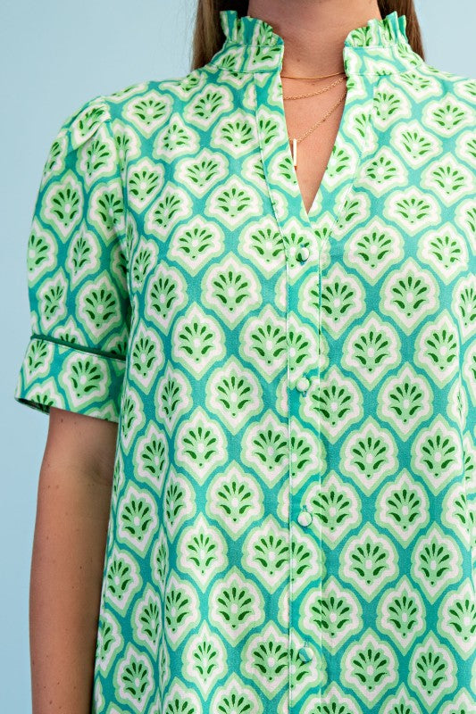 Green Printed Button Down Midi Dress