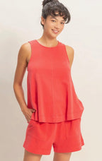 Sleeveless Round Neck Top & Shorts Set- Red