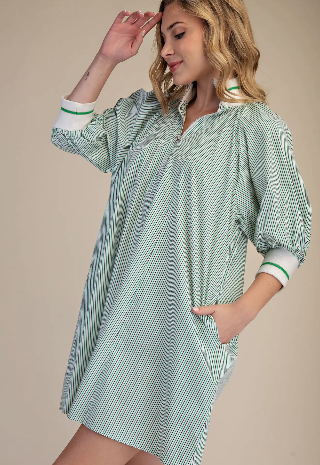 Green & White Mock Neck Banded Puff Sleeve Mini Dress