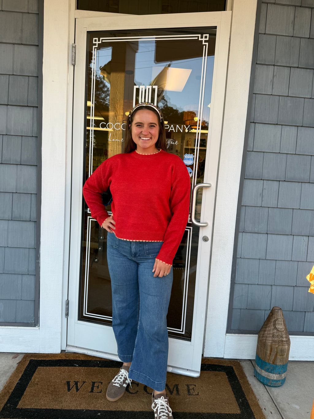 Red Knit Scalloped Edge Sweater