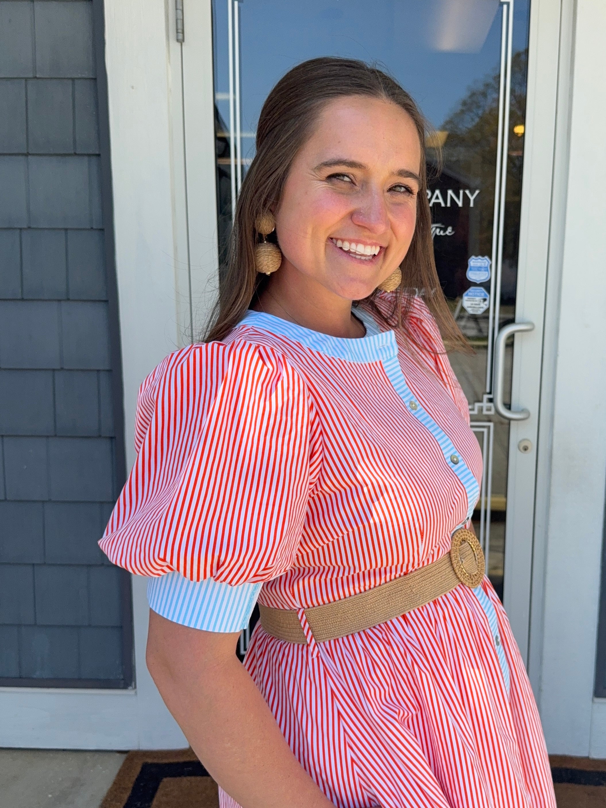 Orange & Blue Stripe Midi Dress w/ Belt