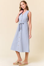 Blue Cotton Button Down Midi Dress