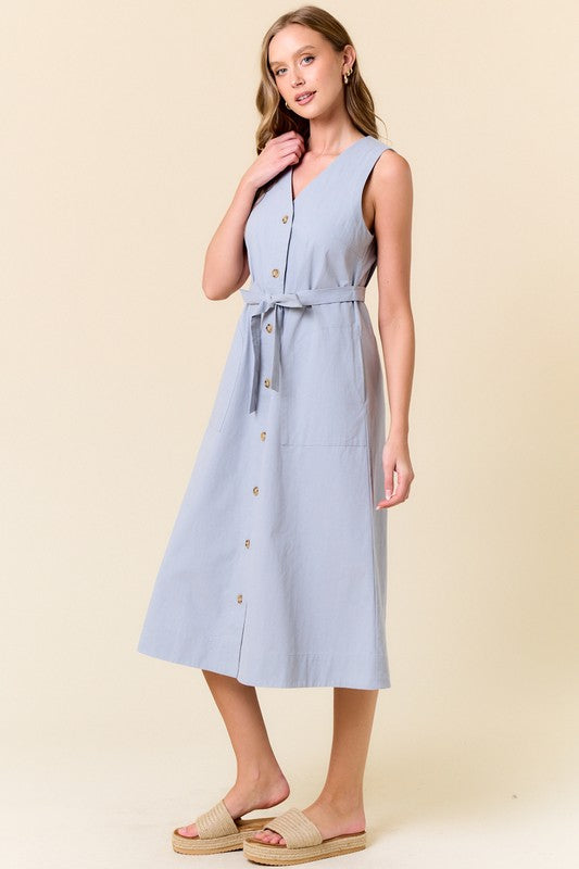 Blue Cotton Button Down Midi Dress