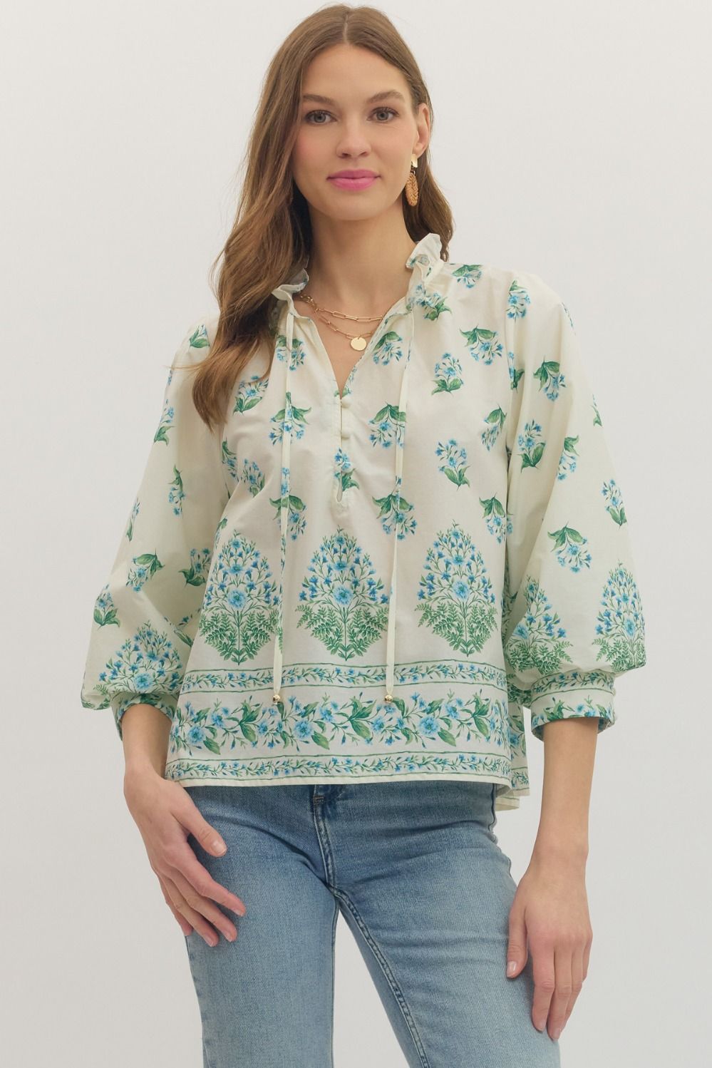 Botanical Blue Balloon Sleeve Top