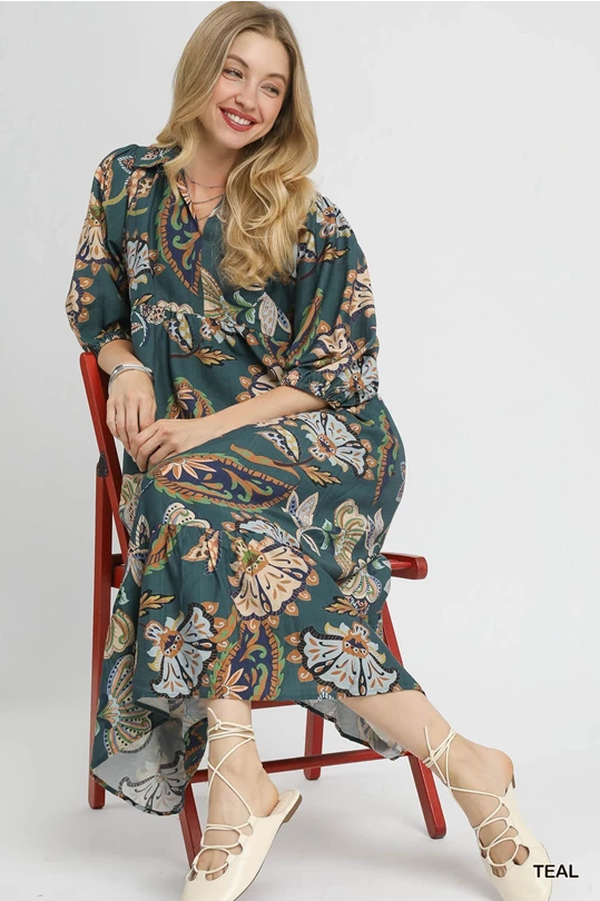 Teal Boho Tiered Midi Dress