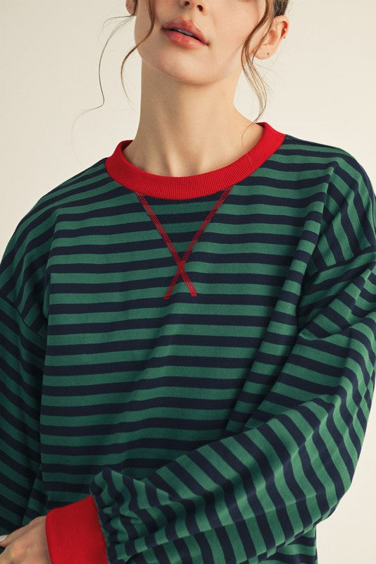 Green & Navy Striped Top