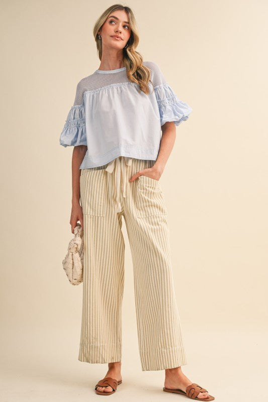 Taupe Natural Stripe Wide Leg Drawstring Pants