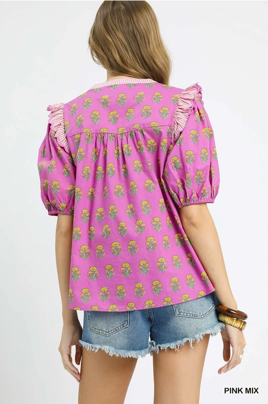Pink Floral Ruffle Yoke Sleeve Top
