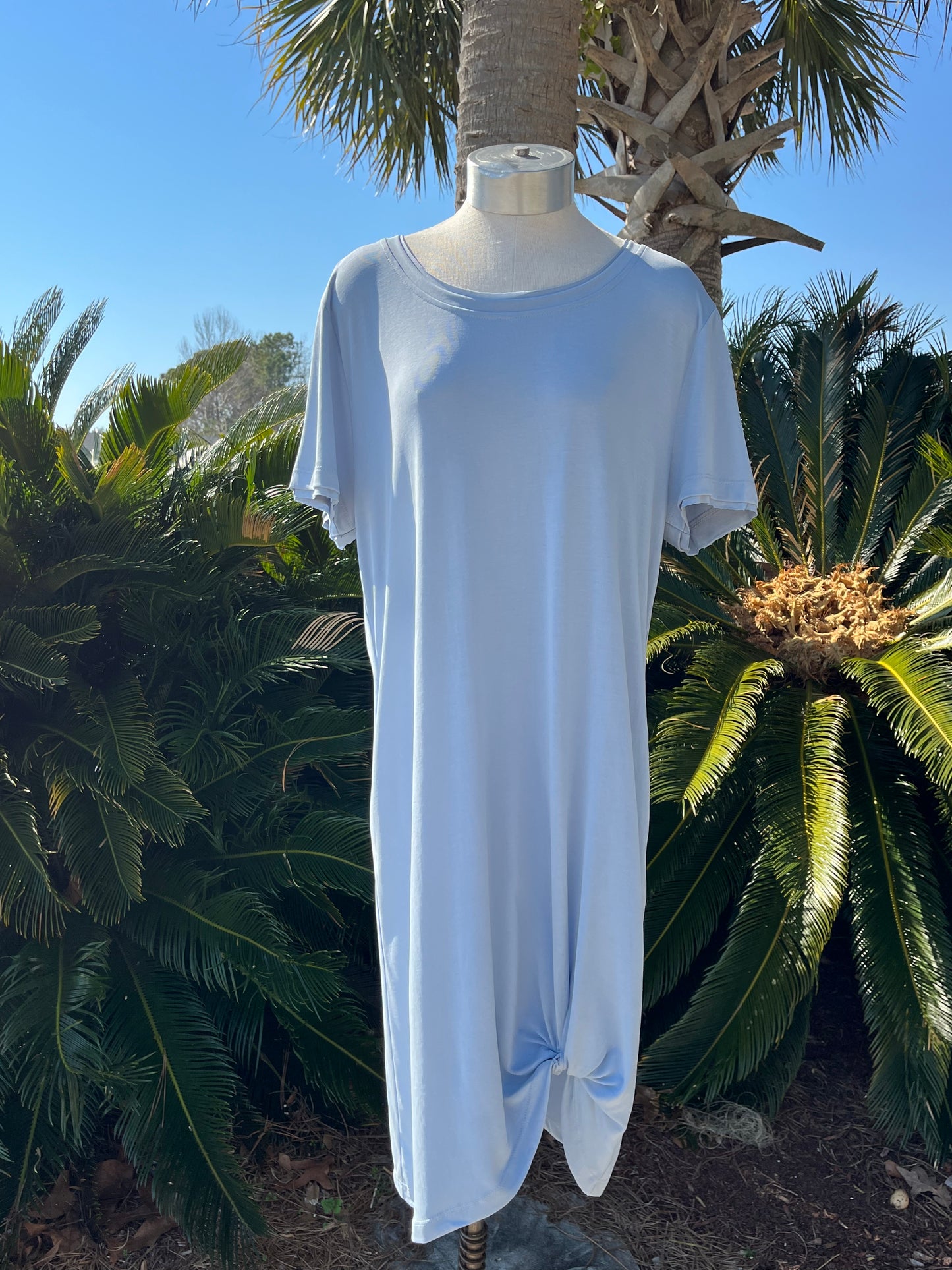 Light Blue SS T-shirt Dress with Gathered Detail