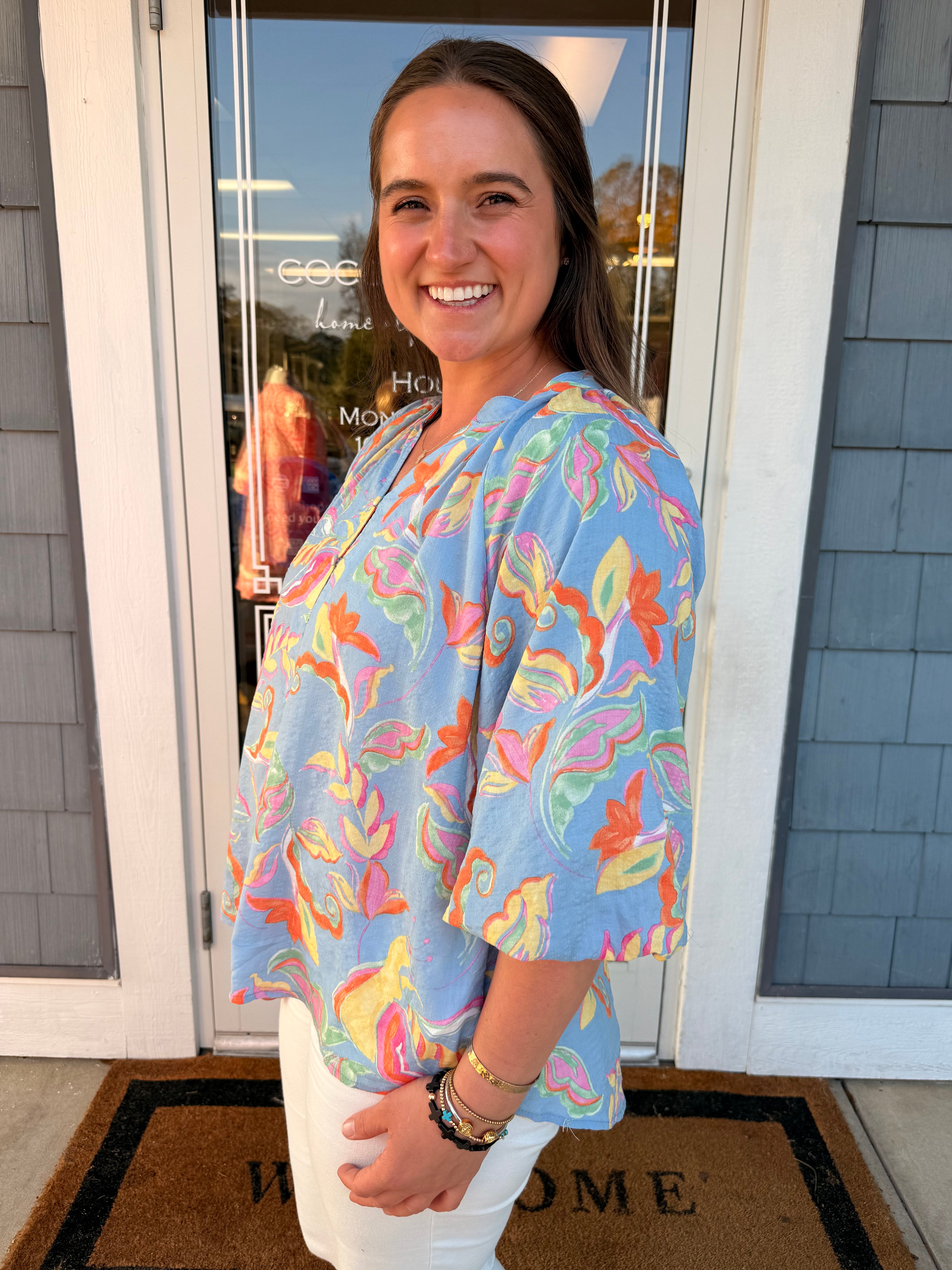 Powder Blue Floral Button Blouse