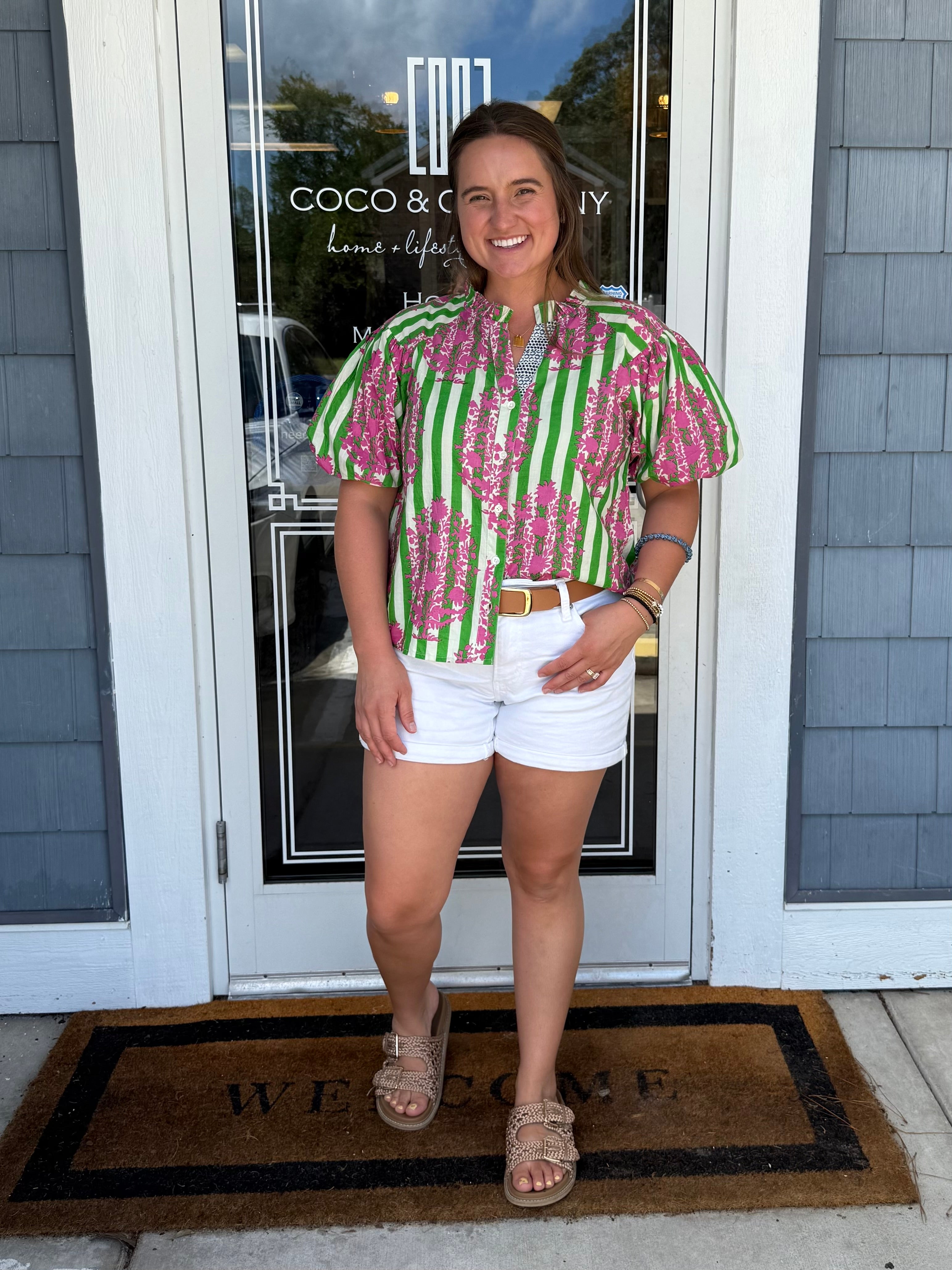 Green Ruffle Neck Puff Sleeve Stripe Top, THML