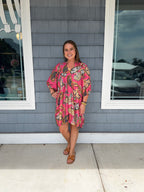 Abstract Pink Puff Sleeve Babydoll Dress