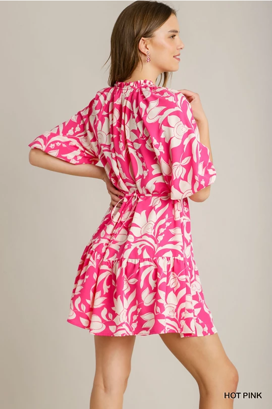 Hot Pink Printed Dress with Tassels
