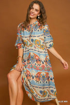 Blue Border Print MIDI Dress