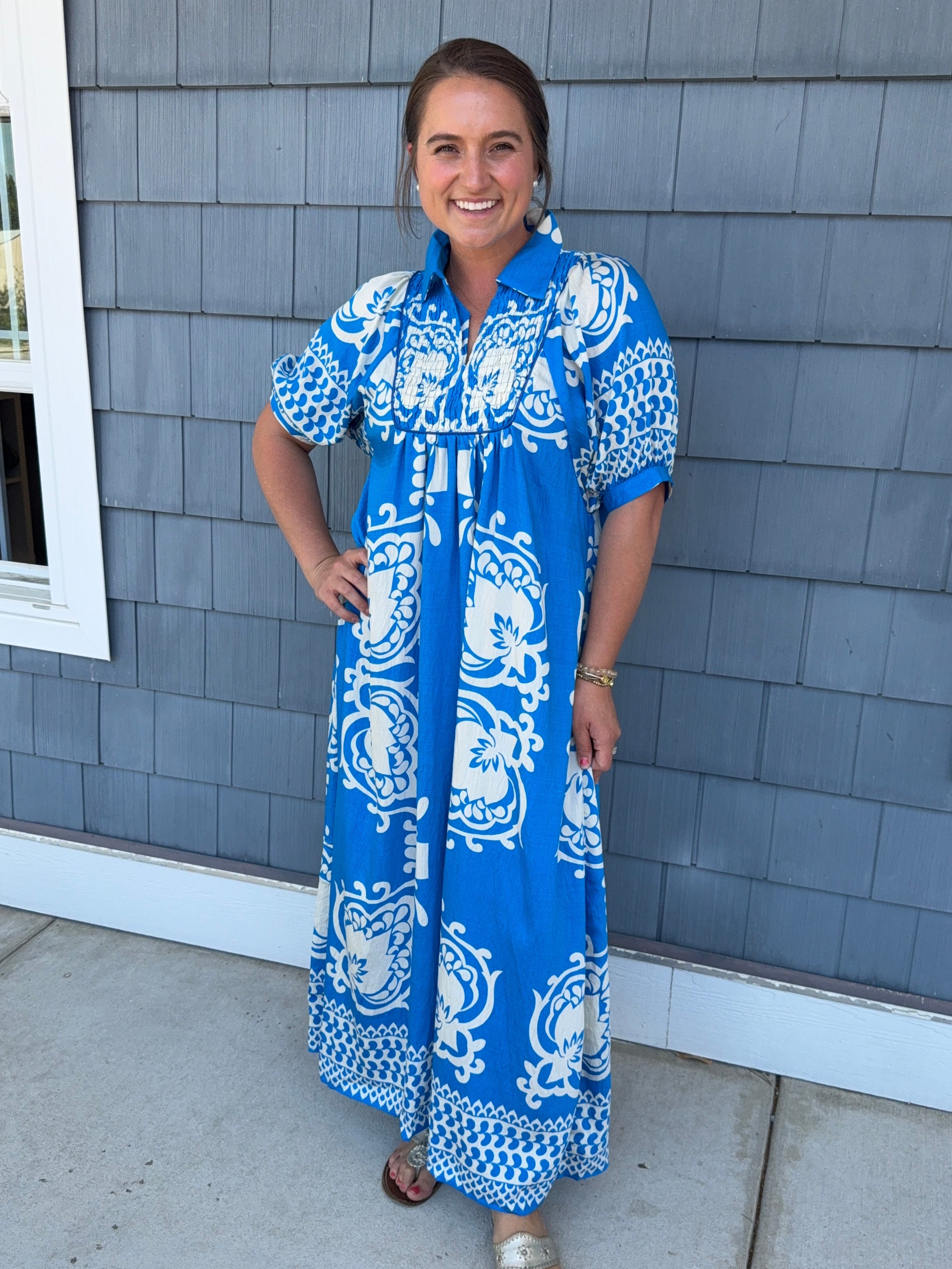 Vibrant Blue Mixed Print MIDI Dress