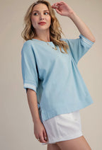Sky Blue Round Neck Sleeve Trim Band Top