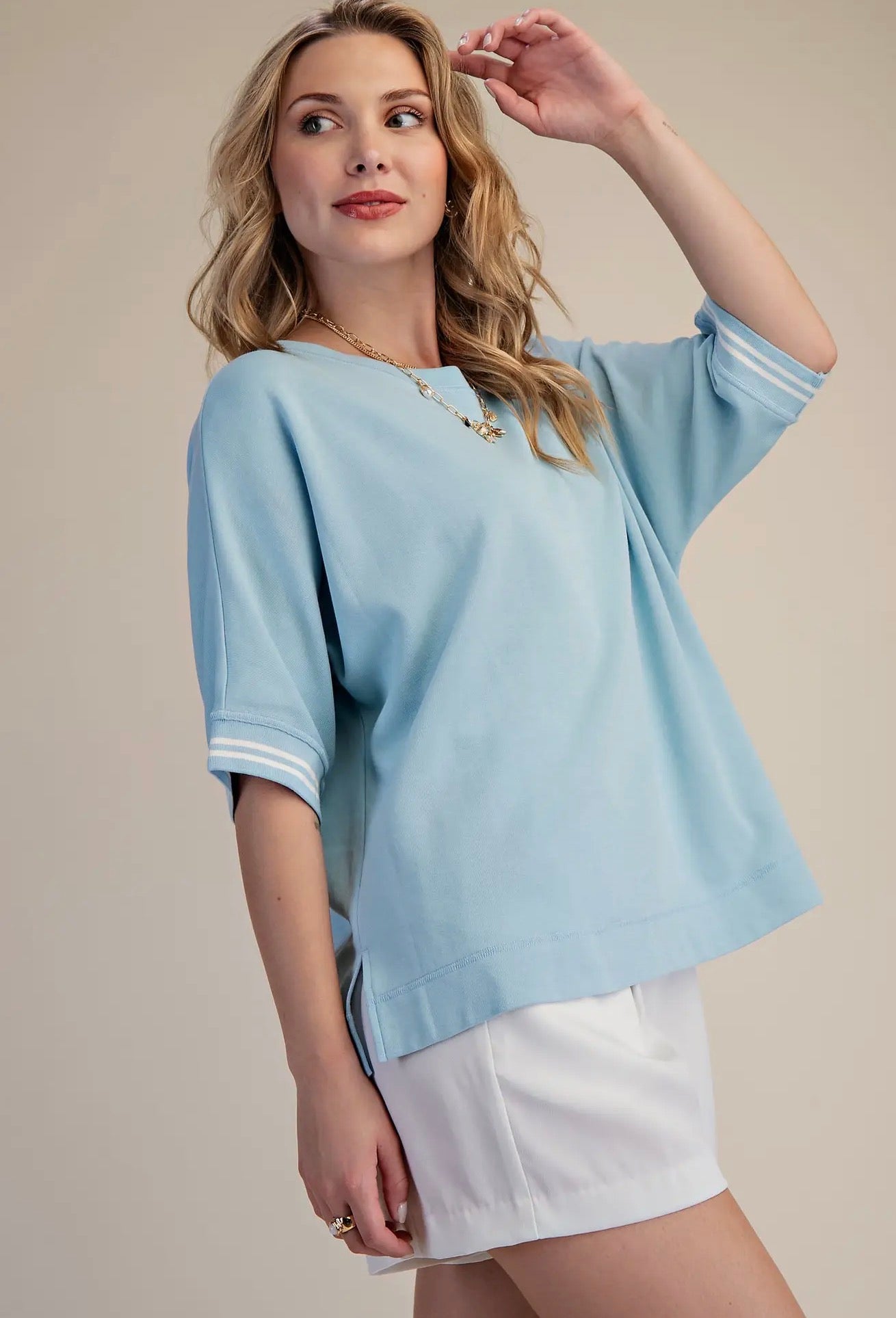 Sky Blue Round Neck Sleeve Trim Band Top