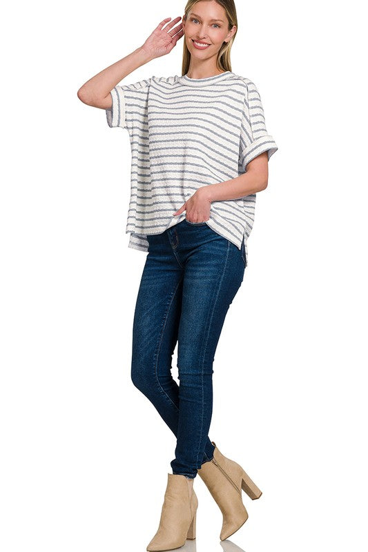 Stripe Jacquard Round Neck Box Tee- Blue