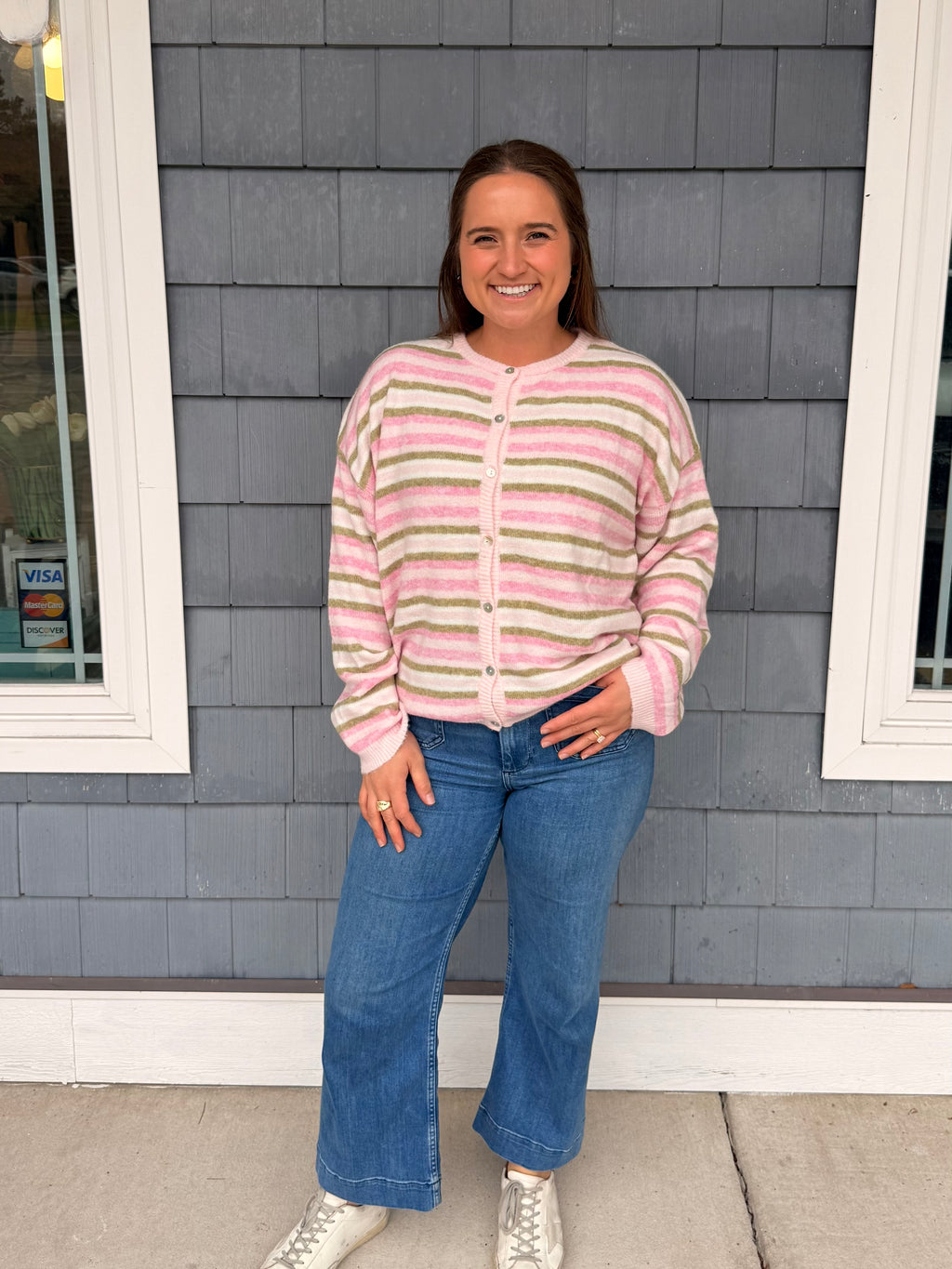 Pink & Green Stripe Button Up Sweater